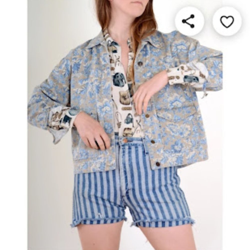 Vintage 90s Floral Boxy Jean Jacket Cropped Shacket Pockets by Liz Wear Trendy - Picture 10 of 11